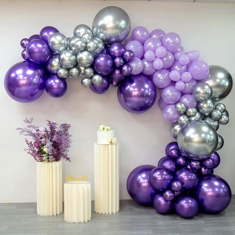 Purple Garland Balloons, Purple Silver Balloon Garland, Purple White Silver Party, Purple And Silver Balloon Arch, Organizing Balloons, Purple And Silver Balloon Garland, Balloon Arch Wedding, Lila Party, Purple Party Decorations