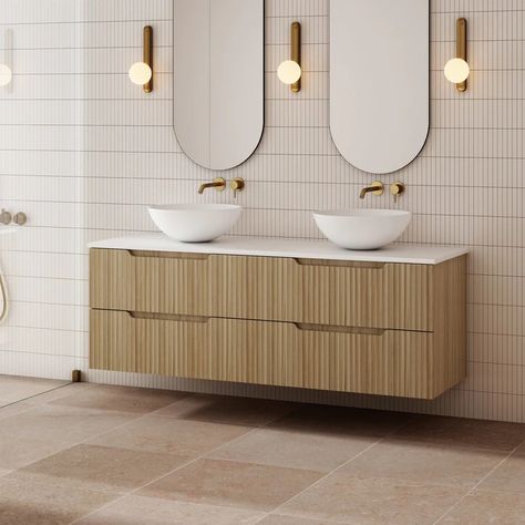 Milano Wave Flute Wall Hung Vanity Natural Oak — Ideal Bathroom Centre Fluted Oak Vanity, Bathroom Vanity Wall Ideas, Light Wood Bathroom Vanity, Ensuite Bathroom Ideas Small, Oak Vanity Bathroom, Flute Wall, Ensuite Design, Cupboard Lights, Oak Vanity