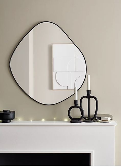 Pebble Mirror Fireplace, Black Mirrors In Bathroom, Black Rim Mirror, Hallway Landing Ideas, Entryway Mirror Ideas, Black Mirror Wall, Lounge Mirror, Living Room Wall Mirror, Hallway Landing