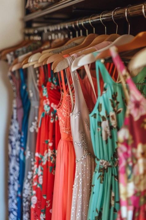 How To Hang Long Dresses In A Short Closet: Storage Solutions Creative Hanging Clothes Storage, Hanging Long Shirts In Closet, Maxi Dress Storage Ideas, Closet Of Dresses, Dress Storage Ideas Closet Organization, Long Dress Storage Ideas, Storing Long Dresses In Closet, Long Dress Organization Ideas, How To Hang Up Long Dresses