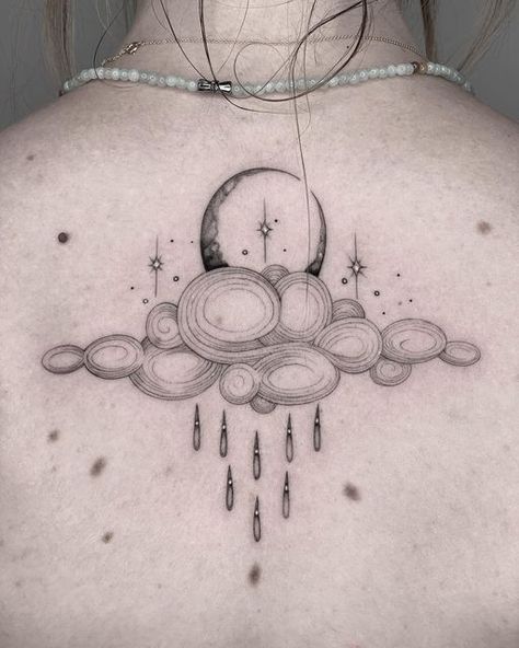 Storm Moon Tattoo, Rainy Tattoo Ideas, Night Rain Tattoo, Rainy Day Tattoo Ideas, Clouds Back Tattoo, Cloud Rainbow Tattoo, Moon And Rain Tattoo, Sweater Weather Tattoo, Cloud And Rain Tattoo