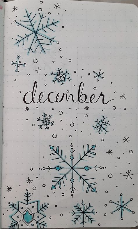 Snow Bujo Theme, Bujo Snowflake Theme, December Title Page, Winter Journal Ideas, Journal For December, Snowflake Sketch, December Journaling, Snowflake Doodle, December Bujo