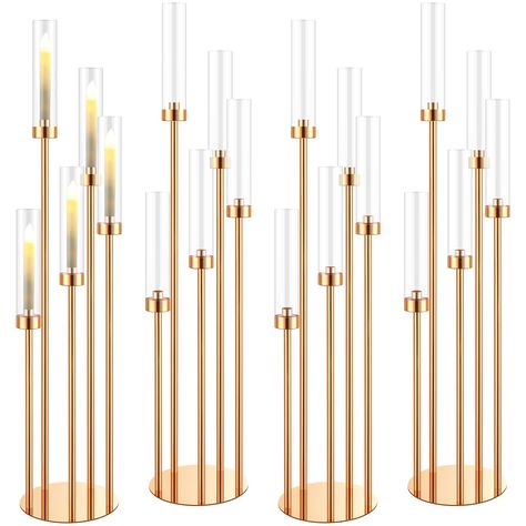 PRICES MAY VARY. Floor Candle Holders Tall Set: the total height of this floor candelabra is 42.5''/ 108 cm, the heights of the 5 arm tall candle holder are 15.8/ 19.7/ 23.6/ 27.5/ 31.5 inches respectively, each candle holder set contains 5 removable acrylic lampshade, 9.8'' high, 2'' in diameter (excluding candles); The 4 piece floor candle holders tall set can meet the decoration needs of weddings, restaurants, parties and various scenes Gleaming Gold Charm: our 5 arm candelabra, with its radi Brown And Gold Party, Wedding Mantel Decor, Simple Wedding Reception Decorations, Gold And Rose Gold Wedding, Tall Gold Candle Holders, Floor Candle Holders Tall, Floor Standing Candle Holders, Candelabra Decor, Christmas Buffet Table