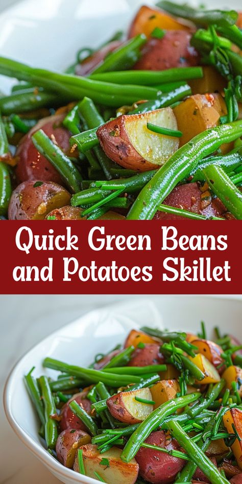 Learn how to make a quick and tasty green beans and potatoes dish in just one skillet. Ideal for busy nights! Fresh Green Beans And New Potatoes, Green Beans And Potatoes Stove Top, Green Bean And Potato Recipe, Quick Green Beans, Beans And Potatoes Recipe, Frozen Green Bean Recipes, Sausage And Green Beans, Boil Green Beans, Fresh Green Bean Recipes