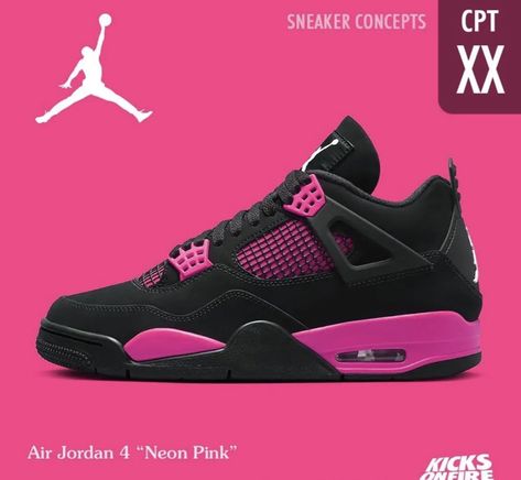 Hot Pink Jordans 4s, Pink Thunder Jordan 4, Jordan 4’s Pink, Retro 4 Jordans Outfit, Y2k Jordans, Black And Pink Jordans, Pink 4s, Jordan 4 Retro Pink, Black And Pink Shoes