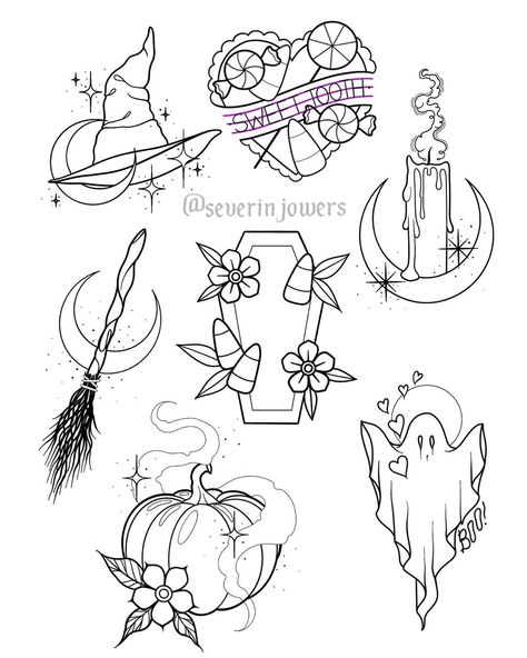 Severin Jowers on Instagram: “Here are some cute spooky tattoos available! ✨🎃👻 email me if you’re interested in booking 🖤 $150, full color, palm sized.” Easy Halloween Tattoo Flash, Traditional Spooky Tattoo Flash, Witch Ghost Tattoo, Halloween Tiny Tattoo, Tattoo Flash Sheet Ideas, Simple Spooky Tattoos, Spooky Tattoos For Women, Spooky Tattoo Flash, Cute Spooky Tattoos