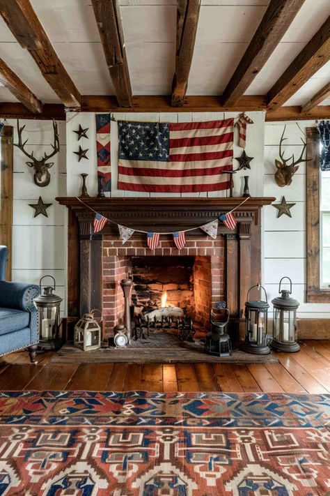 40 Rustic Patriotic Mantel Decor Ideas Old West Home Decor, Red White And Blue Living Room, Modern Americana Decor, Patriotic Living Room, Americana Interior Design, Washrooms Ideas, Americana Living Rooms, Vintage Americana Decor, Rustic Americana Decor