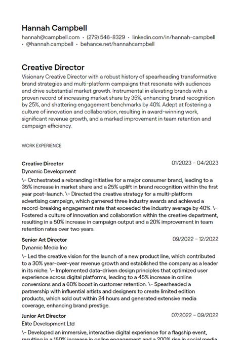 Explore Creative Director resume examples to emphasize your leadership in creative projects, brand development skills, and innovative thinking, helping your application stand out to advertising agencies and marketing firms. | creative director resume, art director resume, brand strategist resume Creative Director Career, Creative Director Resume, Director Resume, Innovative Thinking, Job Tips, Design Resume, Resume Summary, Different Careers, Graphic Design Resume