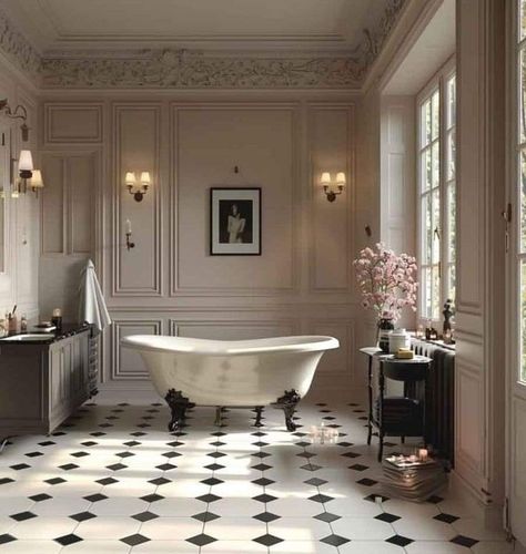 Parisian Inspired Bathroom, Parisian Bathroom French Style, Interior Design Parisian Style, Coquette Bathroom, Parisian Chic Interior, French Cottage Bathroom, Vintage Modern Bathroom, Parisian Bathroom, Paris Bathroom