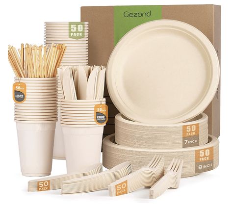 Gezond 350pcs Compostable Paper Plates Set Eco-friendly Heavy-duty Disposable Paper Plates Cutlery Includes Biodegradable Plates, Forks, Knives, Spoons, Cups and Straws for Wedding Party, 50 Guests Natural Plates, Disposable Cutlery, Disposable Plates, Disposable Cups, Sugar Cane, Plastic Plates, Disposable Tableware, Cup With Straw, Plates Set