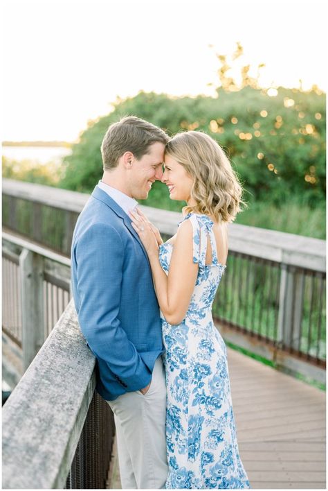 Engagement Photos Outfits Blue Dress, Dressy Casual Engagement Photos, Light Blue Dress Engagement Photos, Blue And White Dress Engagement Photos, Engagement Photos Bright And Airy, Blue And White Engagement Photos, Preppy Engagement Pictures, Bright Engagement Photos, Blue Engagement Photos