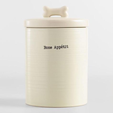 Dog Treat Container, Bone Appetit, Pets Stuff, Dog Texts, Paw Print Ring, Pet Treat, Dog Treat Jar, Ceramic Dog, Spice Storage