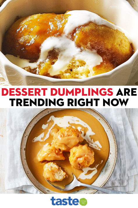 Desserts don’t get more comforting than sweet dumplings smothered with sugary sauce. Here are our favourite recipes, from classic golden syrup dumplings (serve with a drizzle of cream!) to giant versions to new lemon custard versions. It’s easy to see why dumplings remain one of winter’s most popular desserts, year after year. Sweet Dumplings Desserts, Golden Syrup Dumplings Recipe, Dessert Dumplings Recipe, Sweet Dumplings Recipe, Dessert Fritters, Easy Winter Desserts, Caramel Dumplings, Chocolate Dumplings, Dessert Dumplings