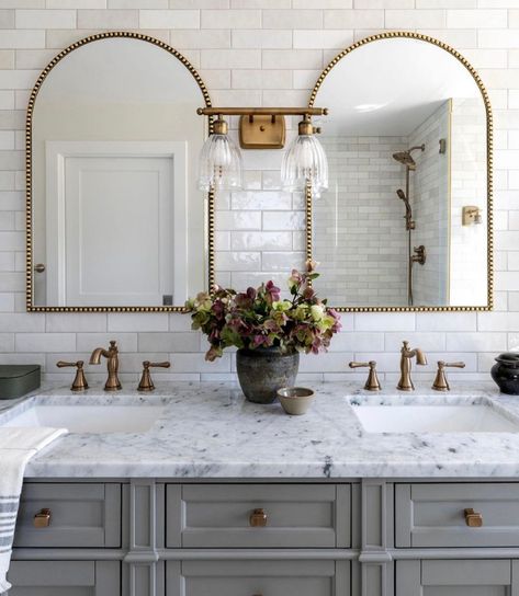 13 Double Bathroom Vanity Design Ideas Bathroom Vanity Mirrors Double Sink, Bathroom Double Vanity Ideas Master Bath, Master Bath Vanity Ideas Double Sinks, Double Vanity Mirror Ideas, Arch Mirrors, Master Bath Mirror, Addition Project, Tranquil Bathroom, Second Story Addition