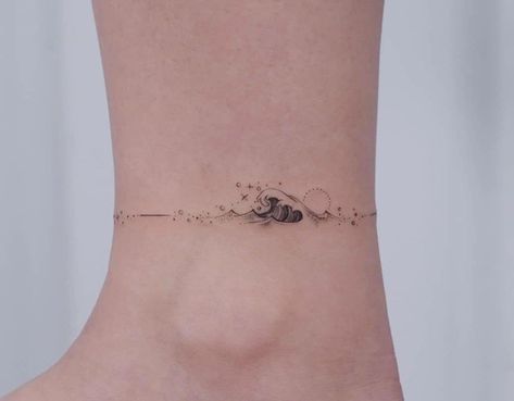 Yoga Ankle Tattoo, Tattoo Anklet Ideas, Small Bracelet Tattoos For Women, Tattoo Ideas Ankle Anklets, Cute Ankle Tattoos For Women Wrap Around, Ankle Tattoo Band, Delicate Ankle Tattoos For Women, Delicate Ankle Tattoo, Anklette Tattoo