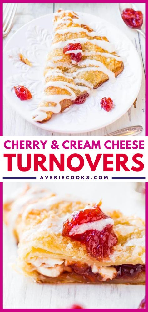 Glazed Puff Pastry Cherry Turnovers - Averie Cooks Cherry Turnovers With Puff Pastry, Easy Cherry Turnovers, Cream Cheese Turnovers, Turnovers With Puff Pastry, Cherry Hand Pies Recipes, Cheese Turnovers, Cherry Turnovers, Cream Cheese Puff Pastry, Poptart Recipe