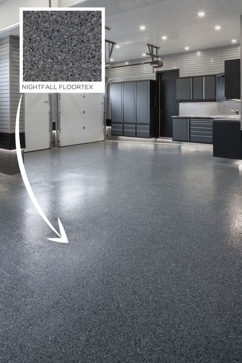 Gray Epoxy Garage Floor, Modern Garage Ideas Interior Design, Speckled Garage Floor, Polyurea Garage Floor, Finished Garage Floor, Painted Garage Floor Ideas, Black Epoxy Garage Floor Ideas, Gray Garage Interior, Grey Garage Interior