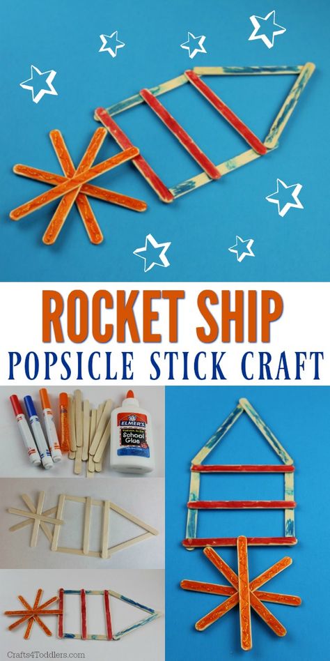 This Popsicle Stick Rocket Ship Craft for Kids is so easy and fun! #craftideas #kidcrafts Arts And Crafts With Popsicle Sticks, Rocket Ship Craft, Space Week, Toddler Projects, Storytime Crafts, Kid Christmas, Kids Craft Supplies, Ship Craft, Science Space