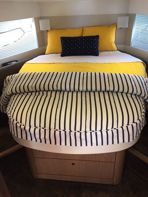 Yacht Bedding Black and White Stripes with Yellow Sheets Cabin Cruiser Boat Interiors, Yacht Decor Boat Interior, Yacht Bedding, Yacht Interior Decor, Boat Bedding, Boat Homes, Boat Renovation, Boat Tips, Boat Remodel