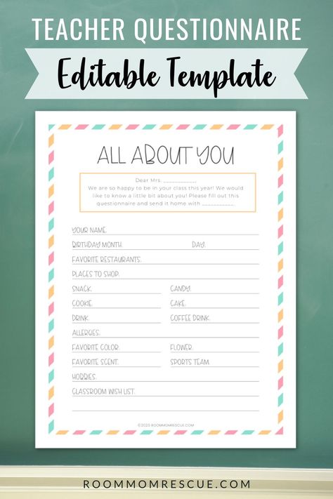 Start your year as kindergaten room mom off right and get to know your teacher with this free printable teacher questionnaire for gifts! Customize this editable teacher questionnaire to match your school colors and find out what gifts your teacher really wants this year for birthday, Christmas, Teacher Appreciation and  End of Year gifts. Get the custom teacher questionnaire at roommomrescue.com #kindergarten #roommom #teachersurvey All About You For Teachers, Wish List Questionnaire, Get To Know Teacher Questionnaire, Getting To Know Your Teacher Printable, Teacher Gift Survey Free Printable, Teacher Interest Form, Preschool Favorites Printable, Teacher Likes Questionnaire, Get To Know My Teacher Printable