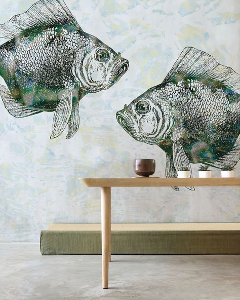 Bold wallpaper sure to make a splash Mexico City Travel, Day Wallpaper, Catch Of The Day, Bold Wallpaper, Fish Illustration, Fish Drawings, Kitchen Wallpaper, Cute Horses, Design Wallpaper