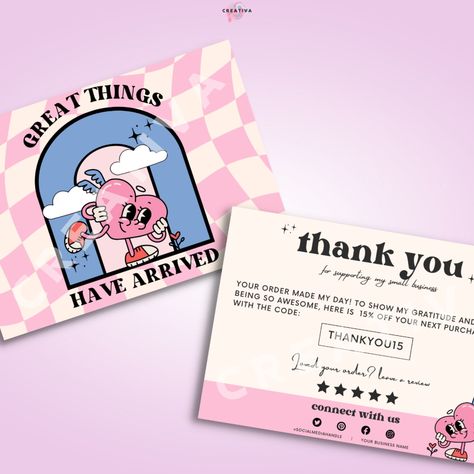 Retro Thank You Card Canva Template,Editable Business Thank You Card, Pink Heart Package Insert Card Fun Thank You Cards Business, Retro Thank You Card, Retro Card Design, Small Business Thank You Cards, Beads Packaging, Pink Store, Retro Business Card, Logo Design Agency, Minimalist Brand