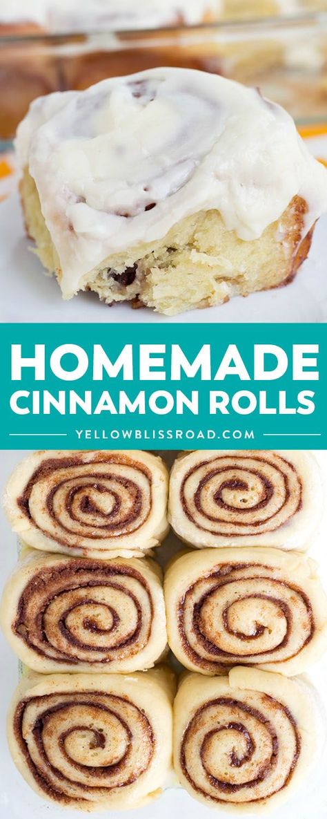 Homemade Cinnamon Rolls are baked to a golden brown perfection before being smothered in cream cheese frosting. I can't imagine breakfast without them! #YellowBlissRoad #breakfast #cinnamonrolls #sweetrolls #brunch #pastry via @yellowblissroad Healthy Cinnamon Rolls, Cinnamon Rolls From Scratch, Cinnamon Roll Recipe Homemade, Fluffy Cinnamon Rolls, Homemade Cinnamon Rolls, Cinnamon Rolls Homemade, Cinnamon Rolls Recipe, Dessert Appetizers, Cinnamon Buns