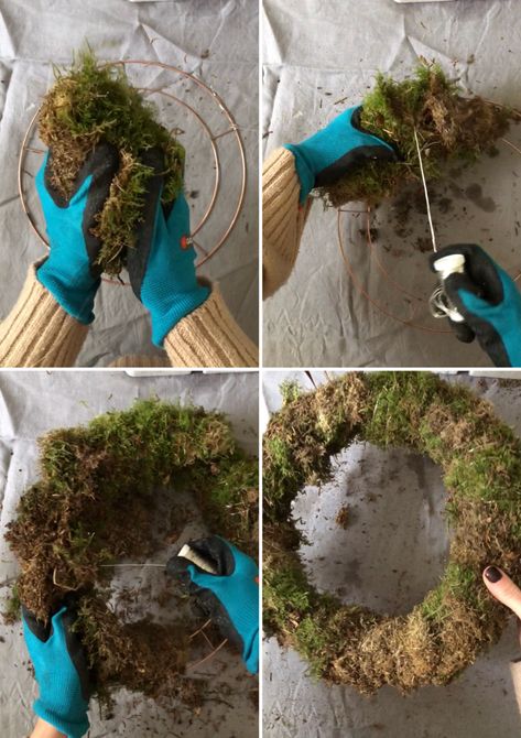 Moss Wreaths For Front Door, Step By Step Wreath Making Diy, Crafts With Moss, Moss Wreath Ideas, Diy Moss Wreath, Christmas Garland Staircase, Christmas Fireplace Garland, Moss Wreath Diy, Wreath Making Tutorials