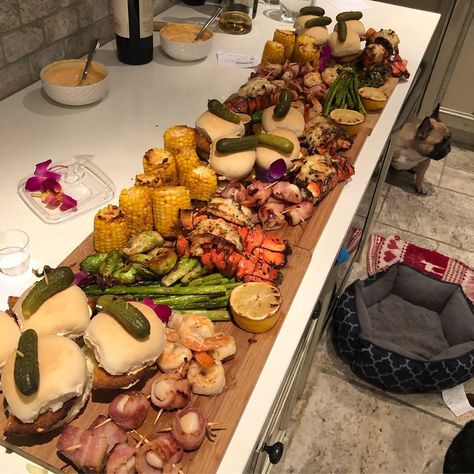 Surf And Turf Board, Surf And Turf Platter, Surf And Turf Charcuterie Board, Spicy Chicken Sliders, Scallops Wrapped In Bacon, Surf N Turf Recipes, Corn Asparagus, Bacon Corn, Bacon Wrapped Scallops