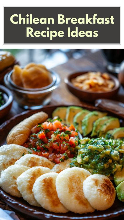 A plate of traditional Chilean breakfast foods, including freshly baked marraqueta bread and golden sopaipillas, served with a side of pebre salsa and avocado slices. Easy Chilean Recipes, Chilean Christmas Food, Chilean Food, Chilean Food Traditional, Chilean Recipes Traditional, Chilean Breakfast, Chilean Desserts, Chilean Recipes, South American Recipes