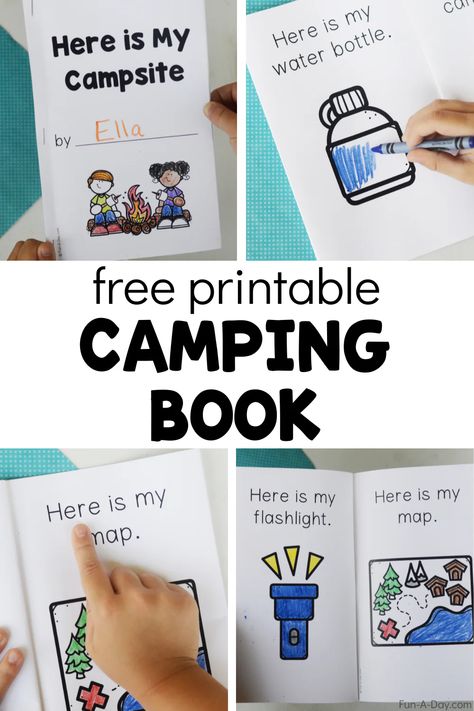 Practice a variety of important early literacy skills with this free camping printable book. Great for your summer lesson plans or as part of your preschool, pre-k, or kindergarten camping theme. Click on the Fun-A-Day.com link to request the book. C Is For Camping Craft, Preschool Camping Theme Activities, Camping Lesson Plans Preschool, Camping Preschool Theme, Camping Theme Kindergarten, Camping Activities For Preschool, Camping Week, Summer Lesson Plans, Camping Preschool