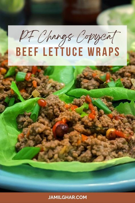 Beef Lettuce Wraps PF Changs Copycat Recipe Healthy Ground Beef Lettuce Wraps, Pf Changs Copycat, Homemade Hoisin Sauce, Pf Changs Lettuce Wraps, Easy Lettuce Wraps, Asian Lettuce Wraps, Lettuce Recipes, Beef Wraps, Beef Lettuce Wraps