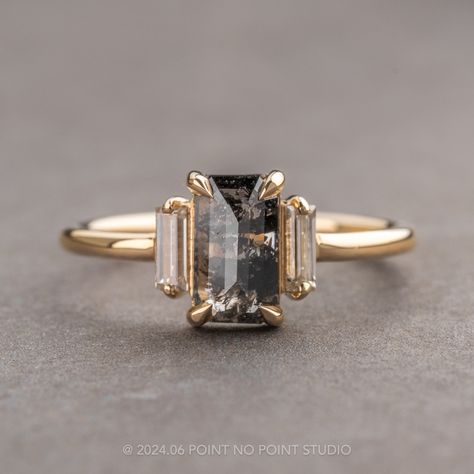 Speckled Diamond Engagement Ring, Engagement Ring Black Stone, Salt And Pepper Diamond Engagement Ring, Black And Gold Wedding Ring, Emerald Cut With Baguettes, Two Stone Engagement Ring Unique, Black Stone Engagement Ring, Non Diamond Engagement Rings, Baguette Cut Ring