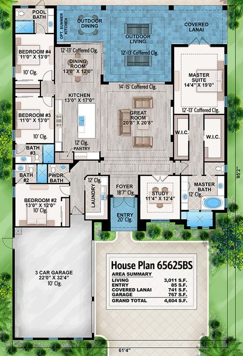 Enjoy one-level living with this house plan, designed to take advantage of outdoor living with a seamless flow between the communal indoor spaces and covered lanai. The spacious great room lives up to its name with a coffered ceiling and multi-panel door that retracts, while the cook in the home will enjoy remaining close to the conversation. Outdoor dining, lounging, and cooking is all available on this luxurious lanai. The master suite is privately situated on the right side of the home, next 5 Bedroom House Floor Plan One Level, Cozy Family Home, One Level House Plans, Covered Lanai, One Level Homes, Little House Plans, Pool Bath, At Family, Panel Door