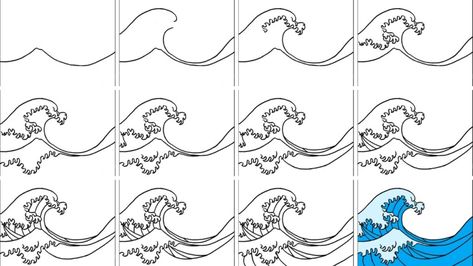 How to Draw a Wave Step by Step The Great Wave Art Project, Cute Wave Drawing, How To Draw A Wave Step By Step, How To Draw Ocean Waves, How To Draw A Wave, How To Draw Waves, Doodle Waves, Drawing Waves, Line Art Projects