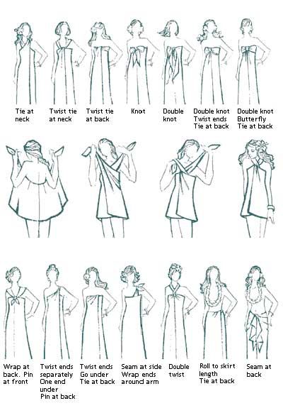 Different ways to tie a sarong/pareau Sarong Wrap Ideas, Sarong Tie Ideas, How To Tie A Toga, How To Tie A Sarong, Sarong Tying, Rok Denim, Convertible Clothing, Toga Party, Tie A Scarf