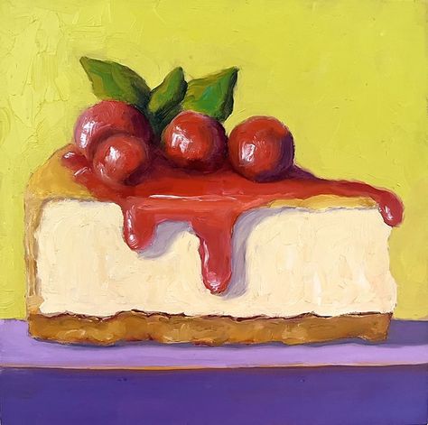 Cherry Cheesecake Food Art Painting, Pastel Cakes, Watercolor Beginner, Oil Painting Tutorial, Arte Van Gogh, Cherry Cheesecake, Cafe Art, Oil Pastel Art, Food Painting