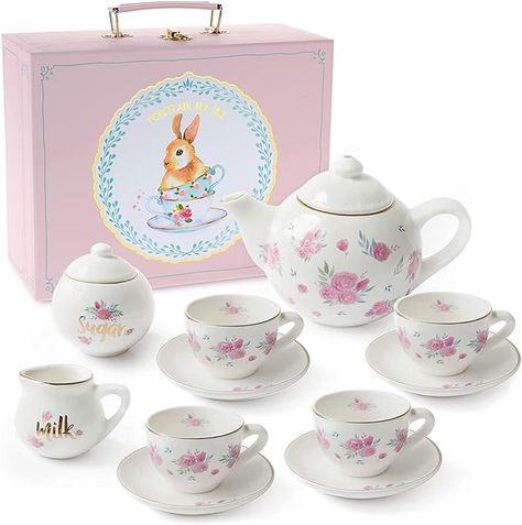 Amazon.com: Jewelkeeper Tea Set for Little Girls - 13 pcs. Porcelain Tea Set for Kids Tea Time Includes Teapot, 4 Tea Cup and Saucers, Creamer and Sugar Bowl. Floral Design with Pink Roses Tea Party Set : Toys & Games Girls Tea Set, Tea Party Set, Small Tea Cups, Toy Tea Set, Toddler Girl Toys, Rainbow Toy, Tea Party Setting, Ceramic Tea Set, Porcelain Tea Set