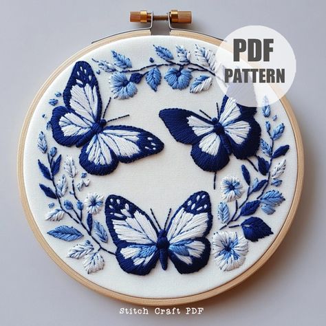 DESCRIPTION Capture the elegance of nature with this Blue Butterfly Hand Embroidery Pattern! Perfect for nature lovers and embroidery enthusiasts, this design features three stunning butterflies surrounded by delicate flowers and leaves. Ideal for creating beautiful hoop art, this pattern is beginner-friendly and instantly downloadable. Let's stitch and bring these beautiful butterflies to life! YOUR DOWNLOAD INCLUDES: ~ Printable PDF pattern in 6 sizes: 3,4,5,6,7 and 8 inches, giving you the fl Floral Embroidery Design, Hydrangea Embroidery Pattern, Embroidery Blue Flowers, Embroidery Patterns Beginner, Embroidery Designs Butterfly, Embroidery Designs Flowers, Blue Flower Embroidery, Flowers Embroidery Pattern, Embroidery Pattern Floral