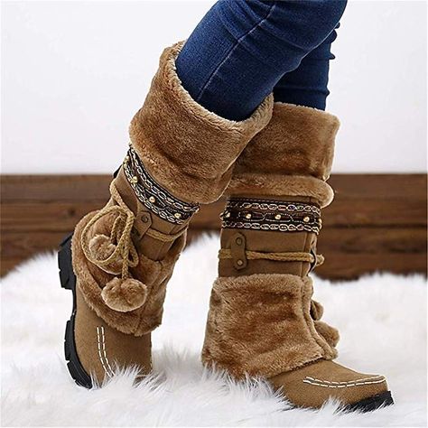 Women's Boots Snow Boots Plus Size Outdoor Daily Fleece Lined Knee High Boots Winter Bowknot Pom-pom Chunky Heel Round Toe Casual Industrial Style PU Lace-up Black Purple Brown 2023 - US $34.99 Knee High Boots Winter, Faux Fur Boots, Winter Snow Boots, Fur Boots, Vintage Casual, Winter Women, Snow Boots, Winter Boots, Chunky Heels