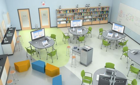 #STEM Lab by Paragoninc.com #21stcenturyclassroom Stem Lab Design, Udl Classroom, 21st Century Classroom Design, Computer Lab Design, Educational Furniture, Innovative Classroom, Classroom Desks, Elementary Computer Lab, Library Renovation