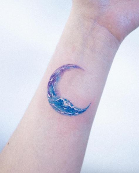 Wave crescent moon wrist tattoo with star Crescent Moon And Waves Tattoo, Moon And Water Tattoo Designs, Moon With Waves Tattoo, Water And Moon Tattoo, Water Moon Tattoo, Ocean And Moon Tattoo, Water Sun Tattoo, Purple Moon Tattoo, Ocean Moon Tattoo