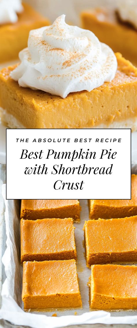 Image for Best Pumpkin Pie with Shortbread Crust Pumpkin Pie Crust Ideas, Crust For Pumpkin Pie, Pumpkin Shortbread Bars, Shortbread Crust Pumpkin Pie, Pie With Shortbread Crust, Pumpkin Pie With Shortbread Crust, Pumpkin Pie In A Sheet Pan, Pumpkin Pie Bars With Shortbread Crust, Pumpkin Pie With Premade Crust