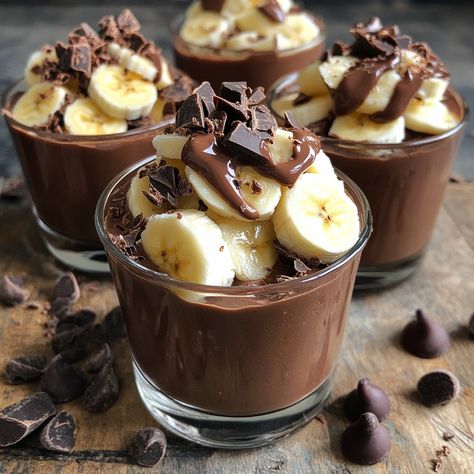 🍫🍌 Chocolate and Banana Mousse Recipe 🍌🍫 Treat yourself to this delicious chocolate and banana mousse, perfect for a light and delicious dessert! Ingredients : 200g dark chocolate 3 ripe bananas 3 eggs 30g of sugar A pinch of salt Instructions : Melt the chocolate in a bain-marie. Mash the bananas in a bowl. Separate the egg whites from the egg yolks. Beat the yolks with the sugar until the mixture turns white. Add the melted chocolate and mashed bananas. Beat the egg whites with a pinch ... Dark Desserts, Dessert Shooters Recipes, Banana Mousse, Desert Food, Mini Dessert Recipes, Banana Dessert Recipes, Chocolate Food, Banana Dessert, Banana Chocolate