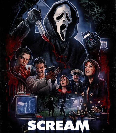 A Halloween On Scream Street on Instagram: “Stop by the fiesta, bring food. @samhain1992 👻📼” Scream Movie Poster, Classic Horror Movies Posters, Poster Vintage Retro, Scary Movie Characters, Movie Artwork, Scary Wallpaper, Horror Movie Icons, Slasher Movies, Horror Artwork