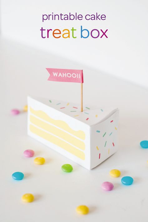 This adorable printable cake treat box is a great way to celebrate your child’s birthday. Print out this easy DIY party gift and fill it with small treats for all of your little one’s friends. This craft only takes a few minutes to assemble but your friends and family will love the thoughtful gesture. Make your toddler’s big day special with this homemade project. Cake Slice Box Template, Gift Box Template Free, Birthday Box Gift, Box Templates Printable Free, Cake Slice Boxes, Template Box, Birthday Party Goodie Bags, Box Template Printable, Gift Box Cakes