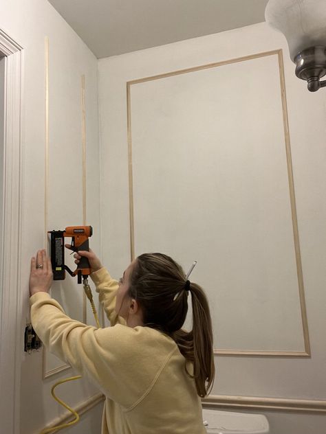 Wall Borders Trim Moldings, White Walls With Chair Rail, Box Molding With Wallpaper, Hallway Box Trim, Box Molding Powder Room, Vintage Wall Molding, Wall Borders Ideas, Diy Box Trim Molding, Simple Molding And Trim