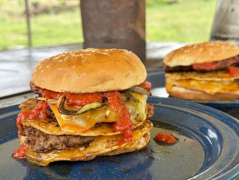 Enchilada Burger - Cowboy Kent Rollins Enchilada Burger, Cowboy Burger, Chorizo Burger, Homemade Chorizo, Kent Rollins, Dude Food, Homemade Brioche, Red Chile Sauce, Grill Food