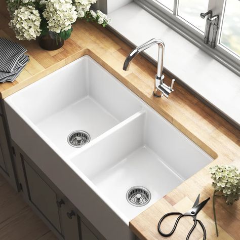 Birch Lane™ Mikhail 33'' x 18'' Double Basin Farmhouse Kitchen Sink & Reviews | Wayfair Kitchen Sinks Ideas, Kitchen Sink Ideas, White Farmhouse Sink, Organizing Kitchen, Apron Front Kitchen Sink, Modern Kitchen Sinks, White Kitchen Sink, Sink Ideas, Farmhouse Kitchen Sink