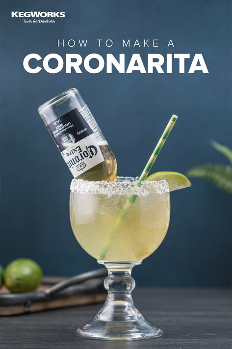 The Coronarita saves us from making a difficult decision of what to drink when Taco Tuesday or Cinco de Mayo rolls around. Instead of choosing between a Margarita or Corona, you can have both mixed together in a blissful combination of tequila, triple sec, lime juice and beer. Jose Cuervo Margarita Mix Recipe Tequila, Corona Beer Margarita, Beer And Tequila Drink, Beer Rita Recipe, Coronarita Recipe Beer Margaritas, Tequila And Triple Sec Drinks, Beeritas Beer Margaritas, Corona Beer Cocktails, Margarita With Beer